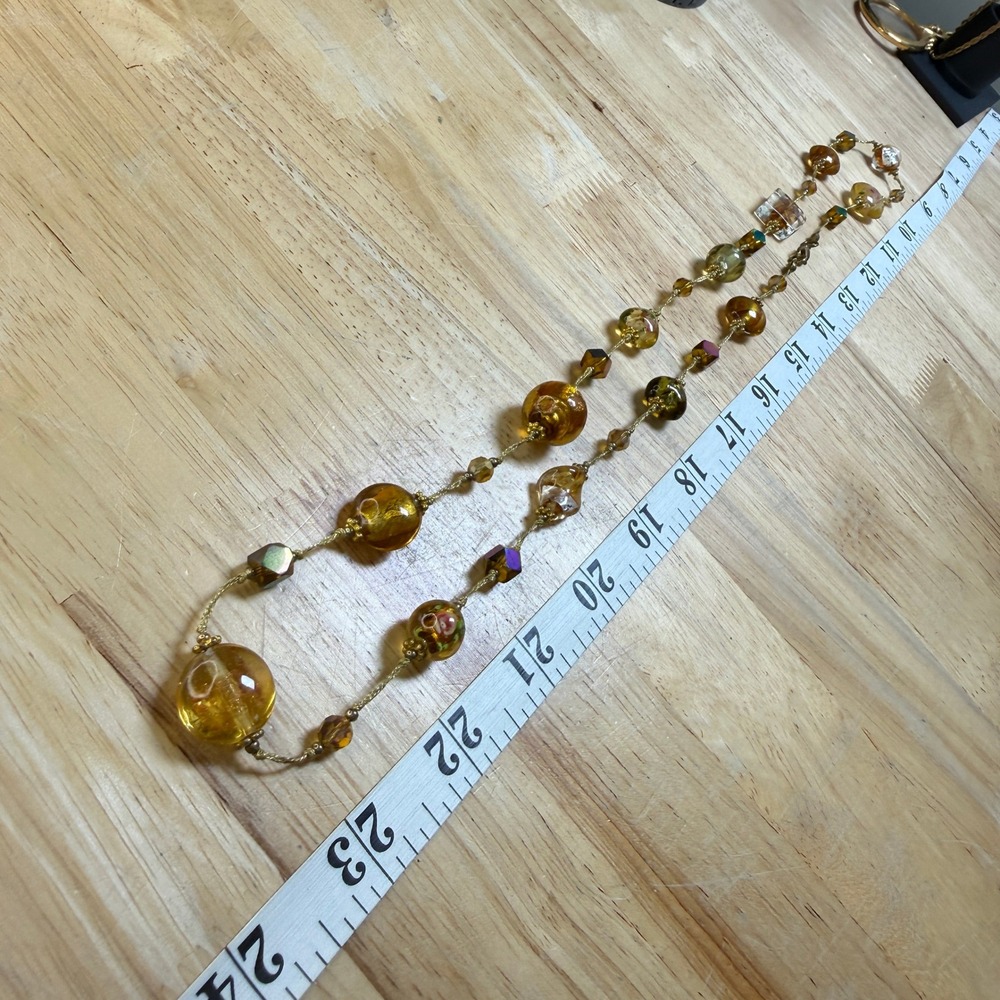 Vintage Bohemian Venetian Lampwork Art Glass Floral Foil Bead Necklace Amber - Picture 5 of 9